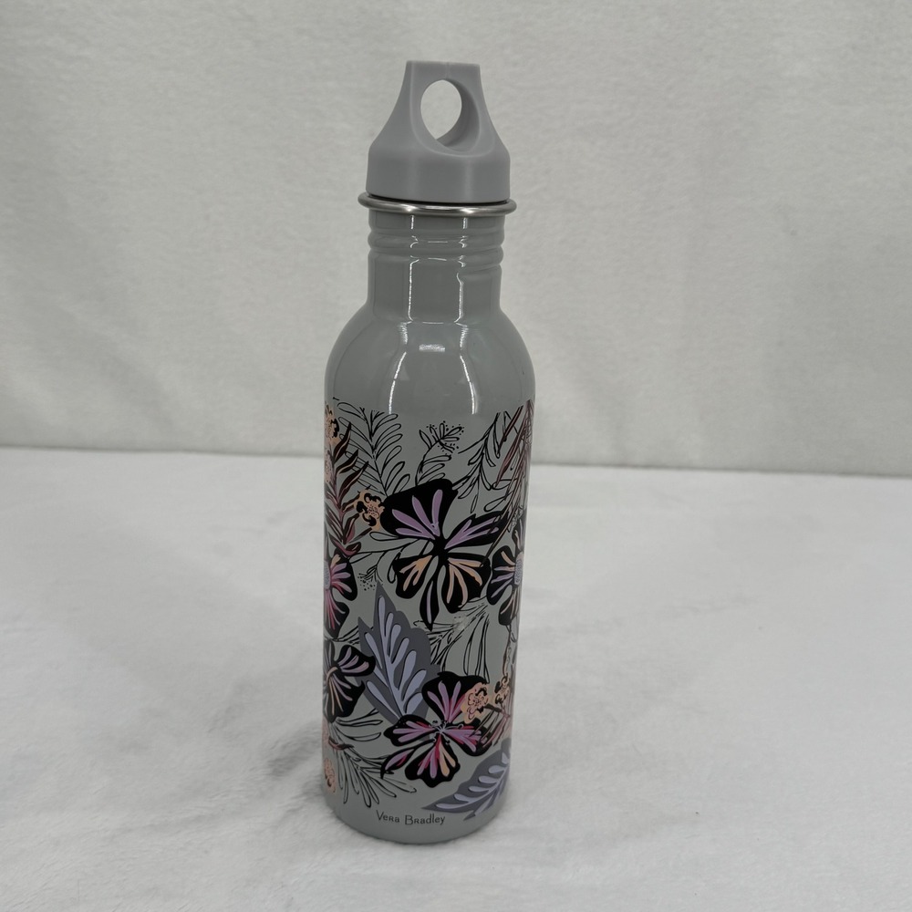 Vera Bradley Gray Floral Botanical Stainless Steel Water Bottle Loop Lid 25 oz